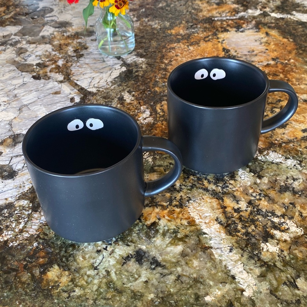 Pottery Barn Halloween Mug Black spooky Eyes Set of two